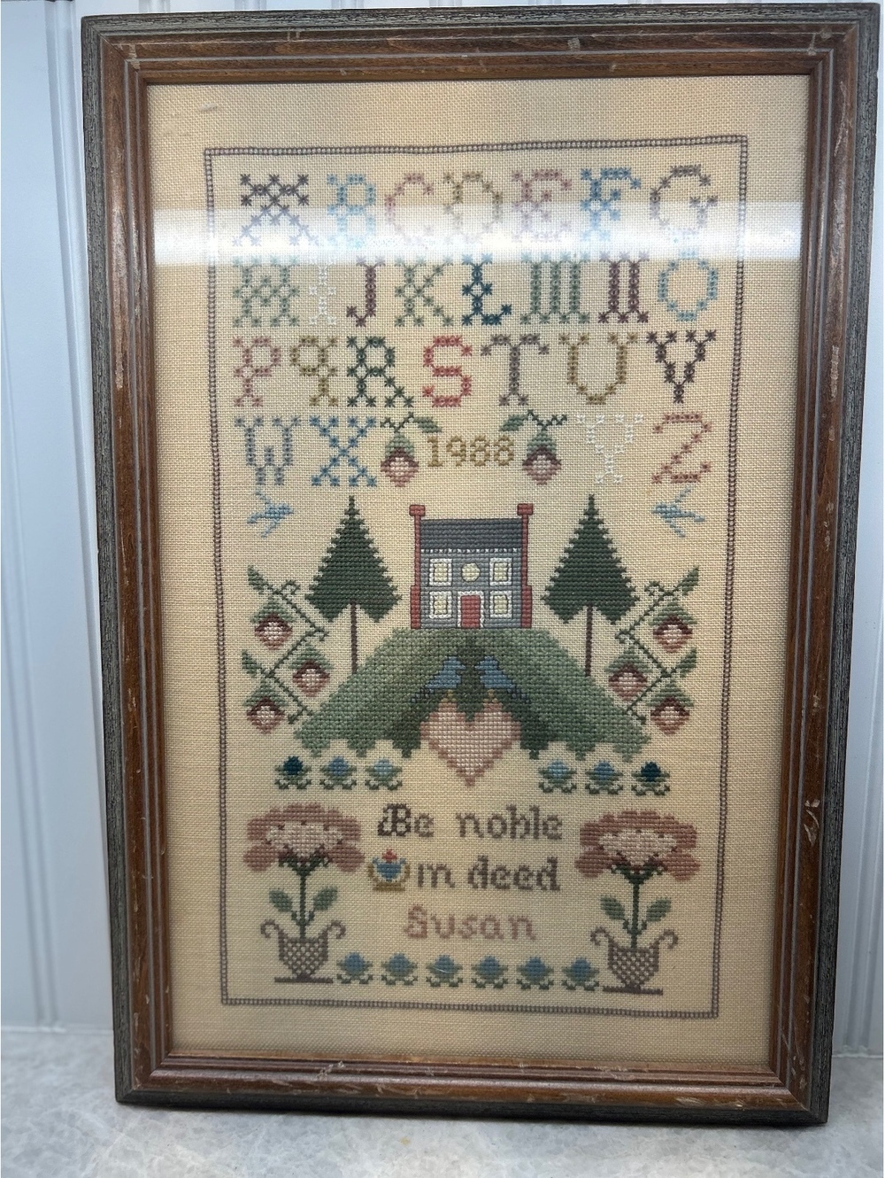 1988 Cross 'N Patch Noble DeedFramed Cross Stitch Sampler - Personalized "Susan"